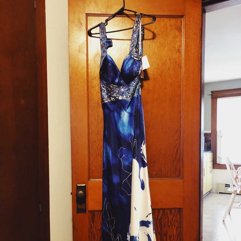 NBW Blue and white prom dress from David’s Bridal.